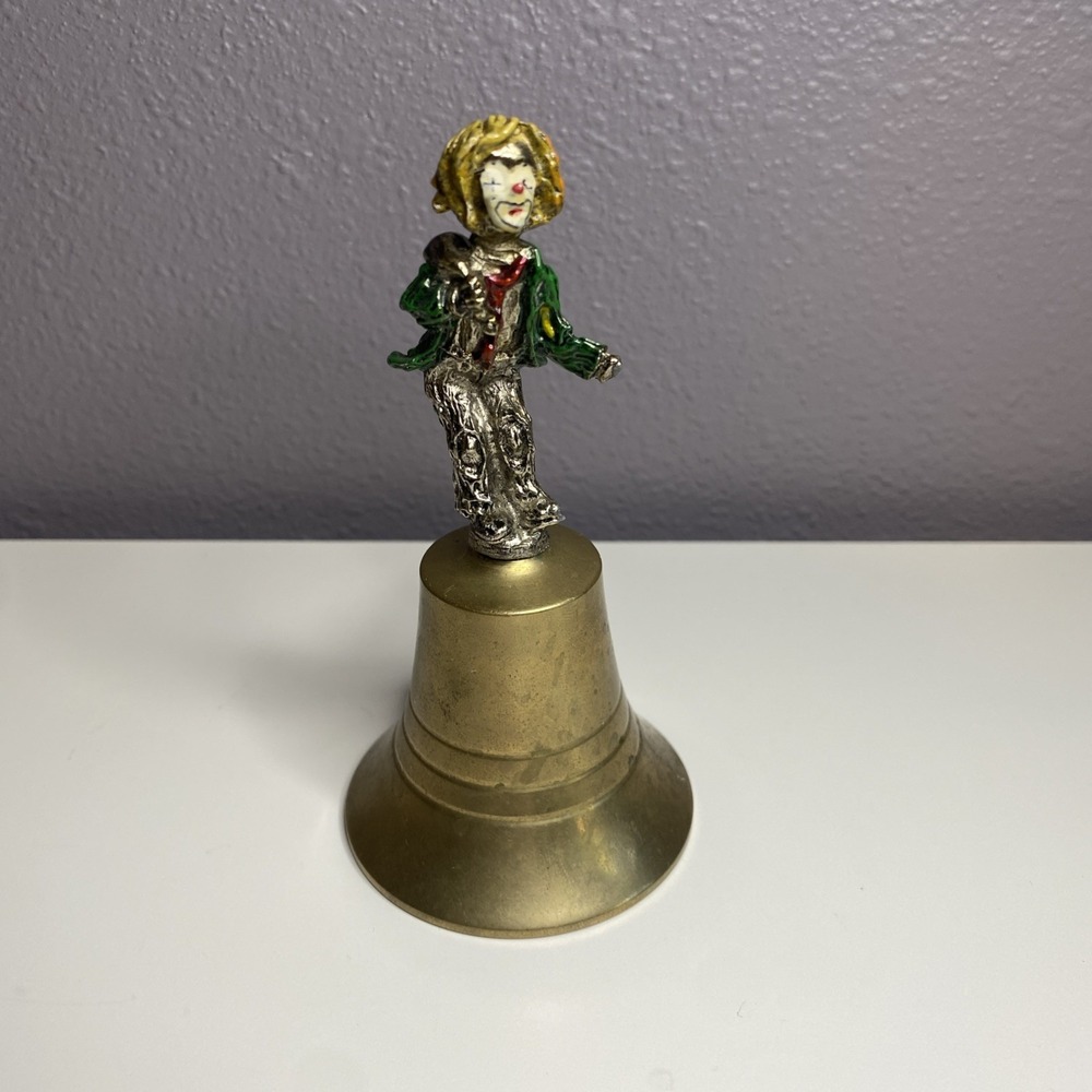 Vintage Bell With Painted Clown Topper Brass Pewter holding Hobo Sack